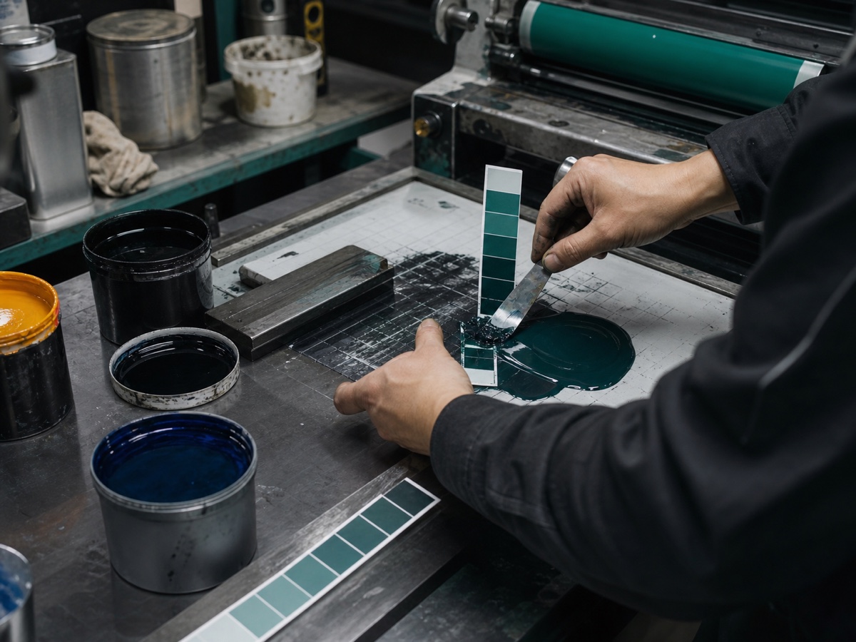 Ink being mixed at a bench with color references alongside
