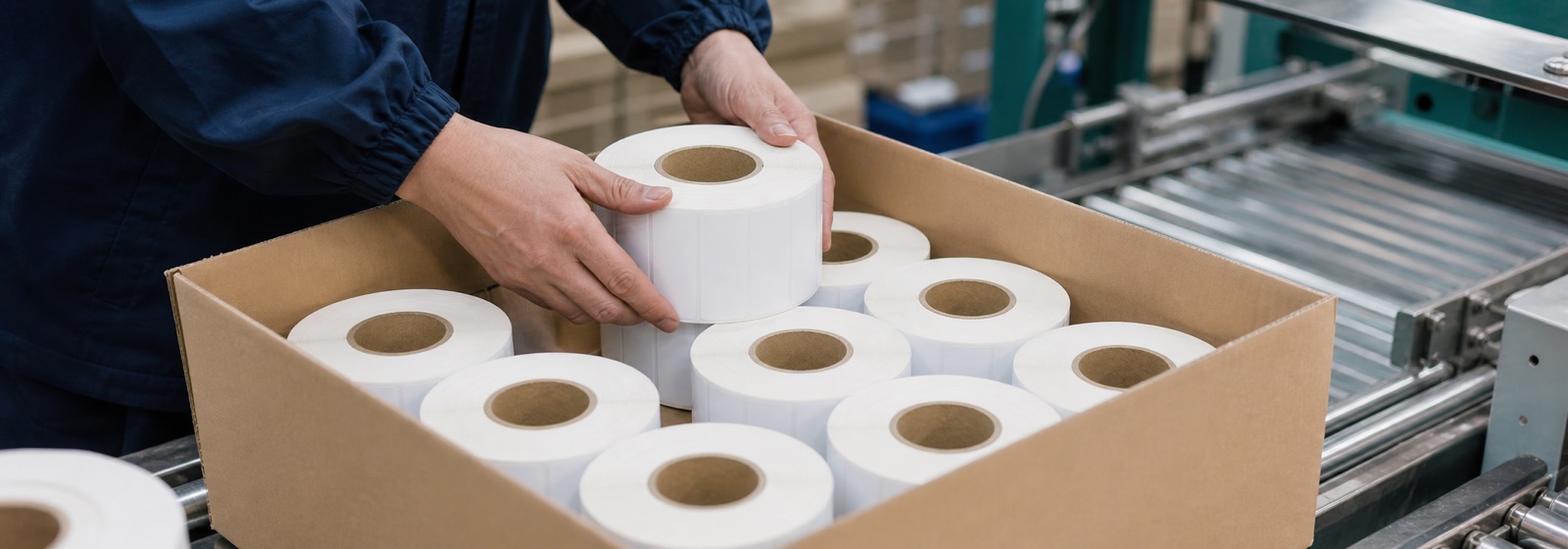 Finished label rolls being packed into cartons for dispatch