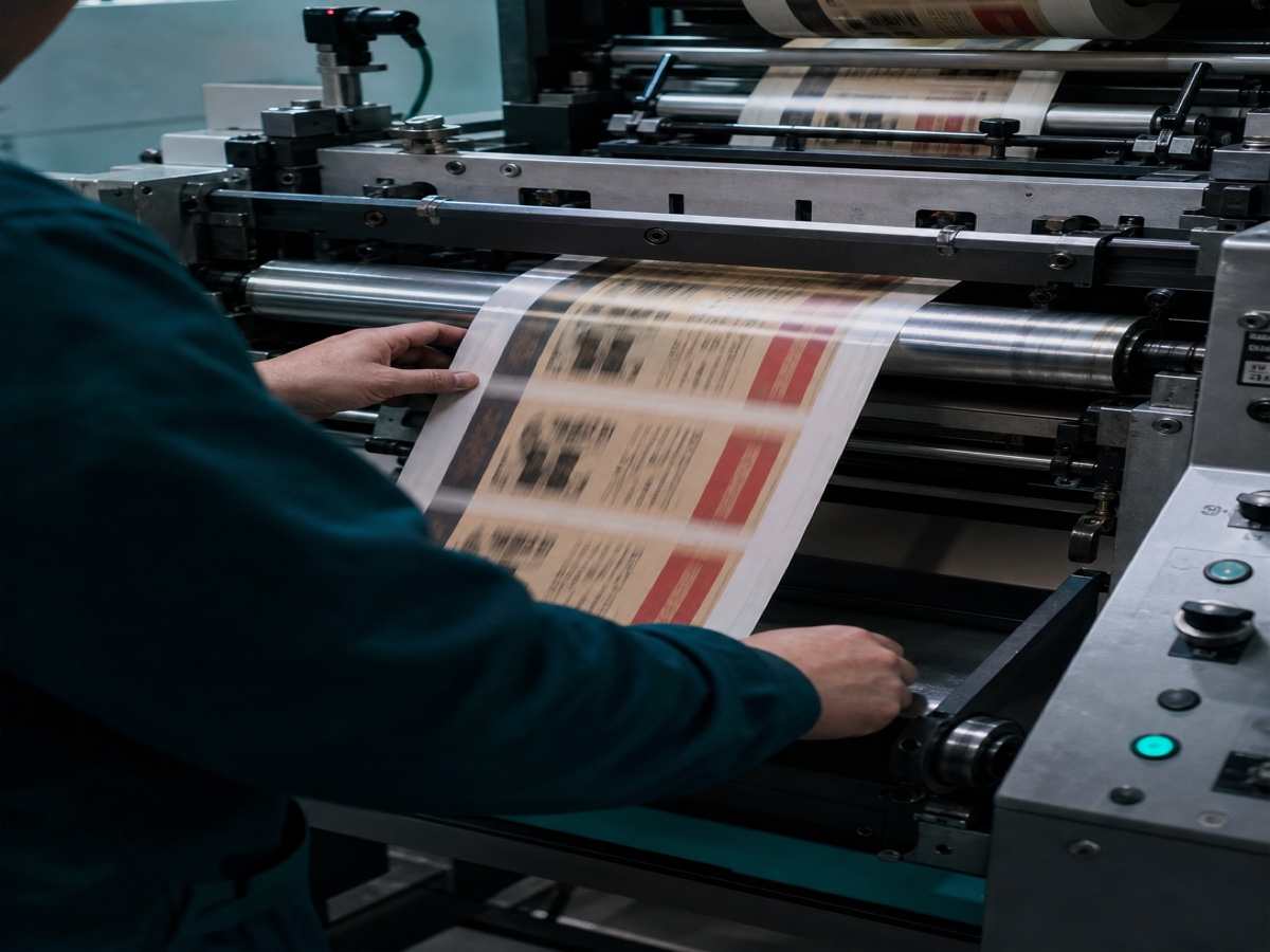 An operator working at a running label press