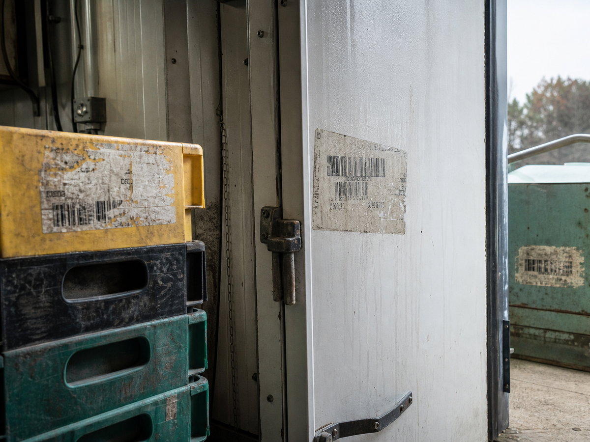 Labels that have been through different environments, scuffed, water-marked and faded, on totes and equipment in a store area