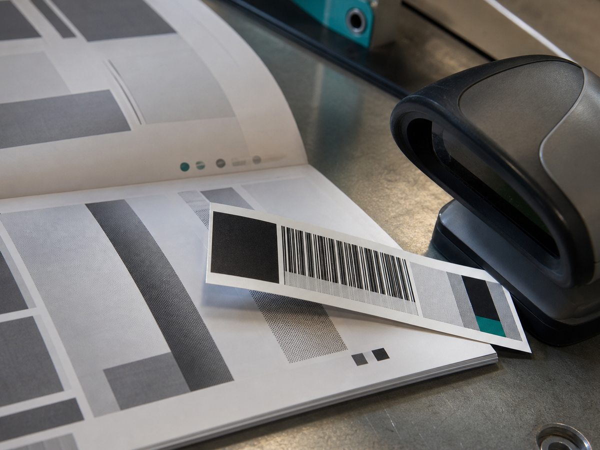 A freshly cut label resting on the open data printout beside a desktop reader at the check bench