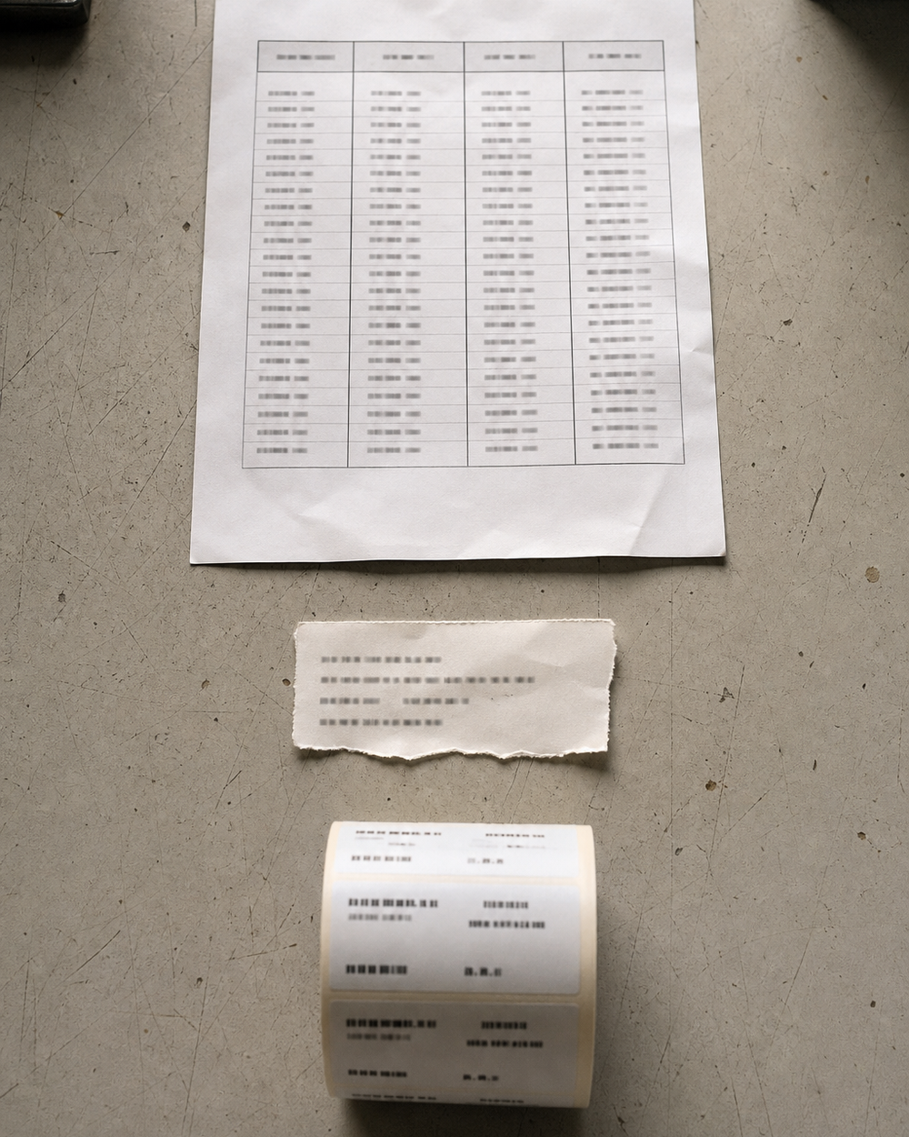 A printed series range sheet, a note carrying the start and end value, and a short printed sample roll