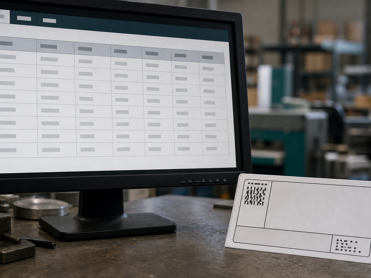 A column layout on screen held against a finished label where the code, text and batch areas are visible