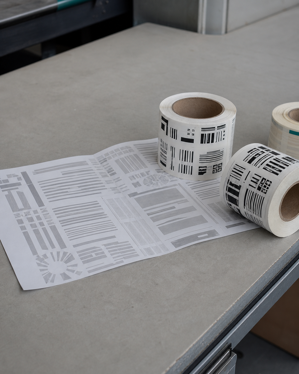 A printed data sheet and two finished coded sample rolls laid out on the quoting bench