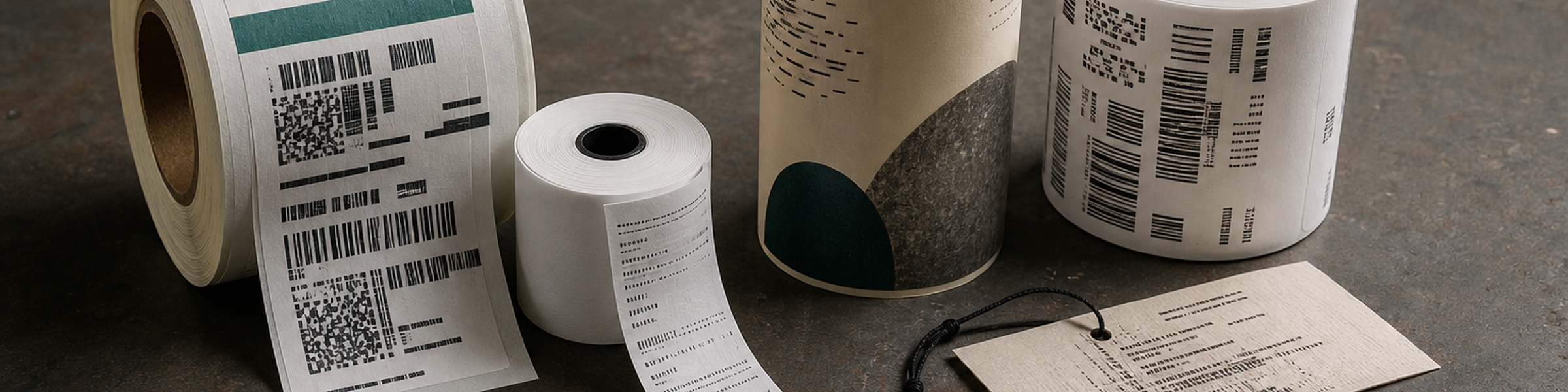 Finished stock grouped by destination on one bench: thermal shipping rolls, receipt rolls, custom bottle labels, and coded rolls with hang tags