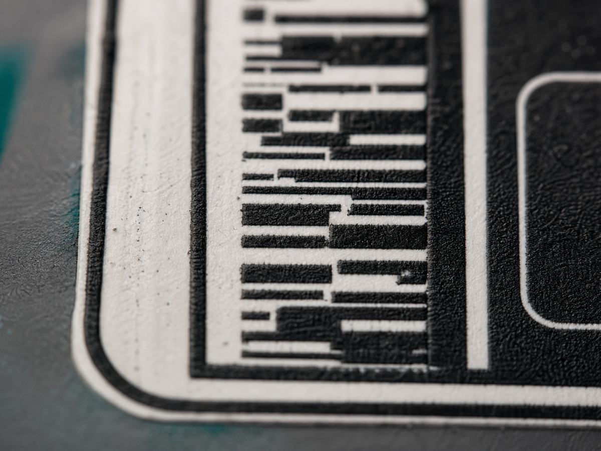 Macro close-up of a single printed fault where the code area has been crowded and the bar edges have blurred