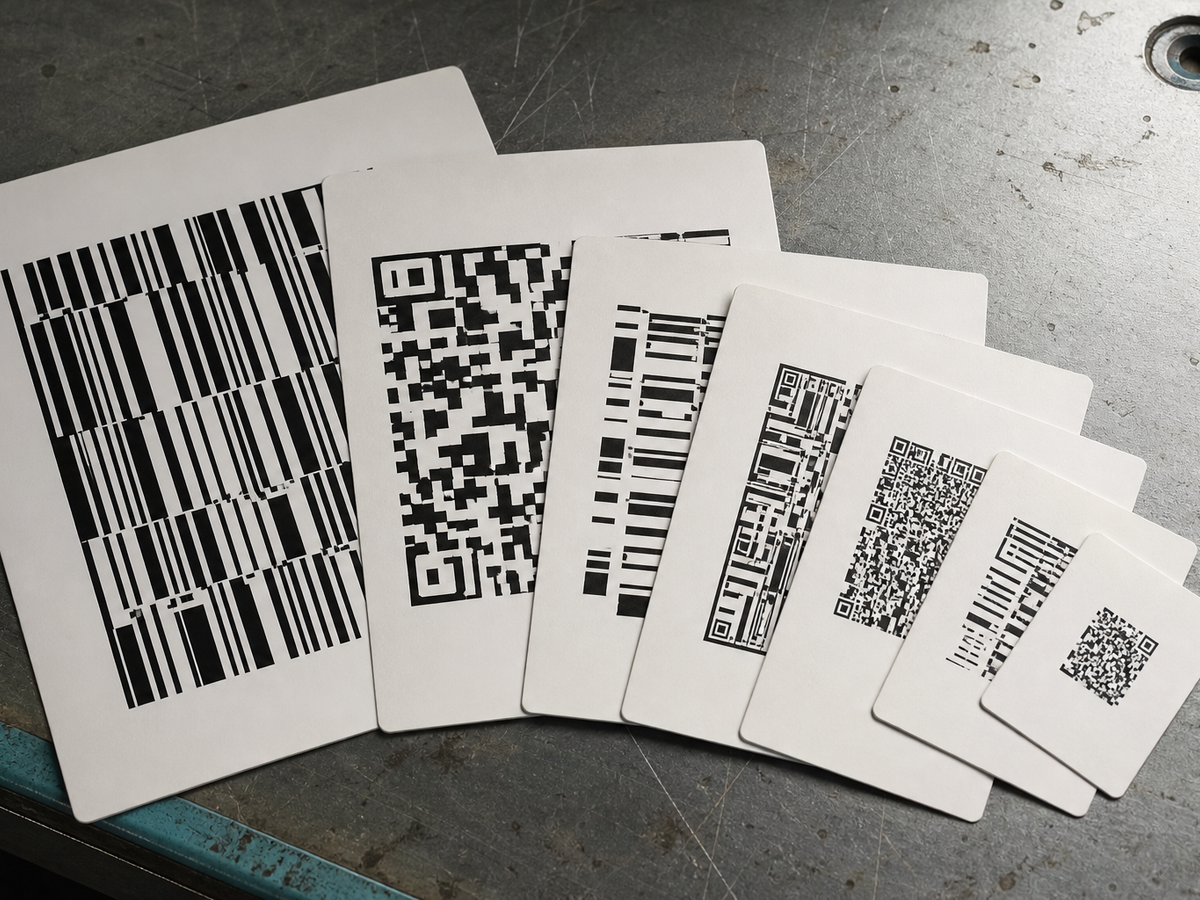 Label sample cards fanned out so the code area and the surrounding margin can be compared