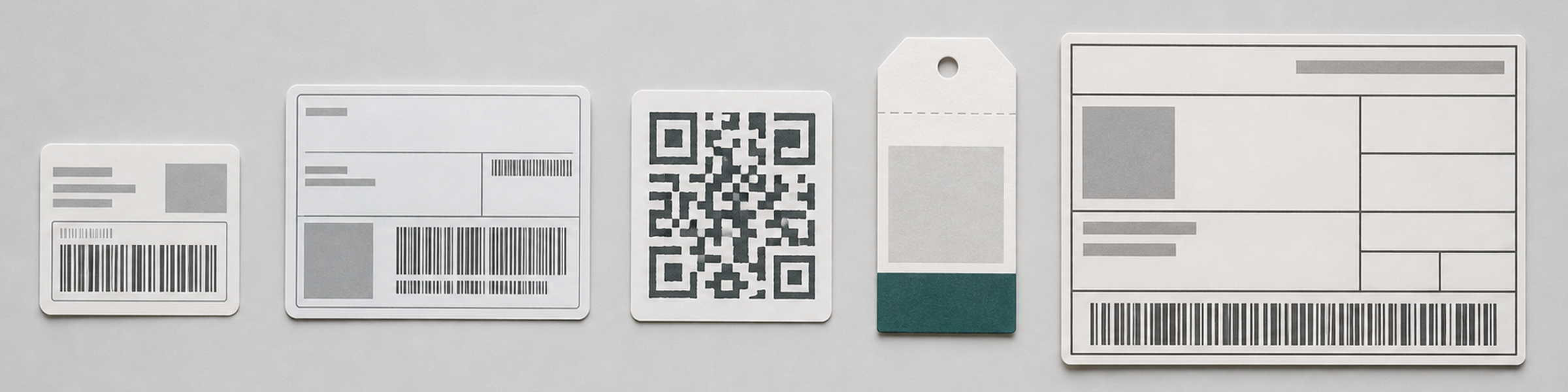 Retail, carton, QR, garment hang-tag and pallet label samples set out side by side