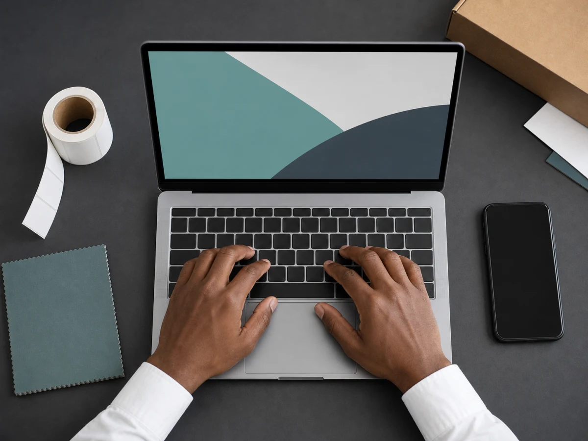 A pair of hands typing at a laptop, seen from above