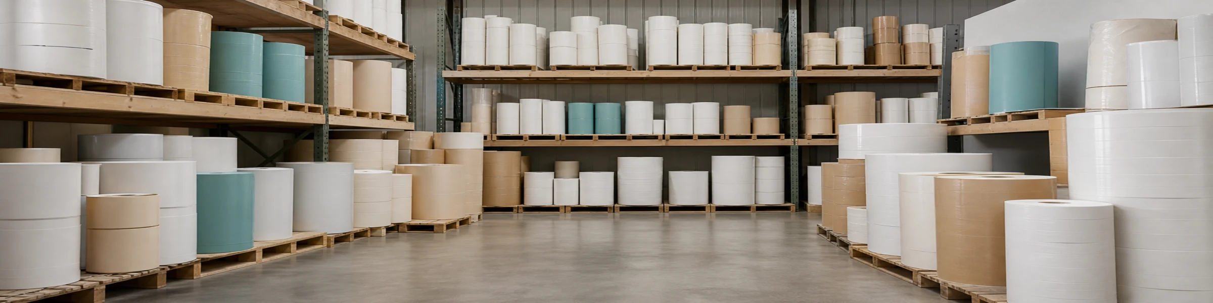 Rolls of stock stacked on pallets in a store area