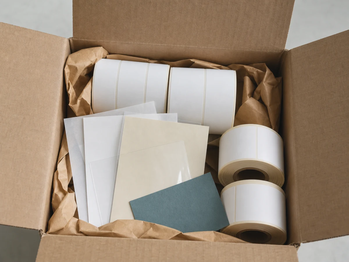 Kraft rolls and small labels packed inside a shipping carton