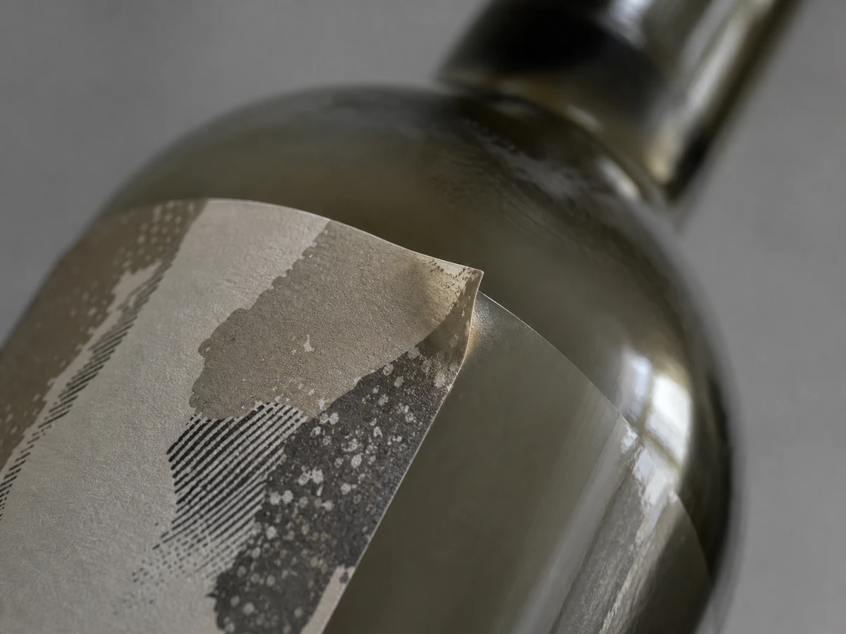 A label on the shoulder of a bottle where the curve lifts its edge