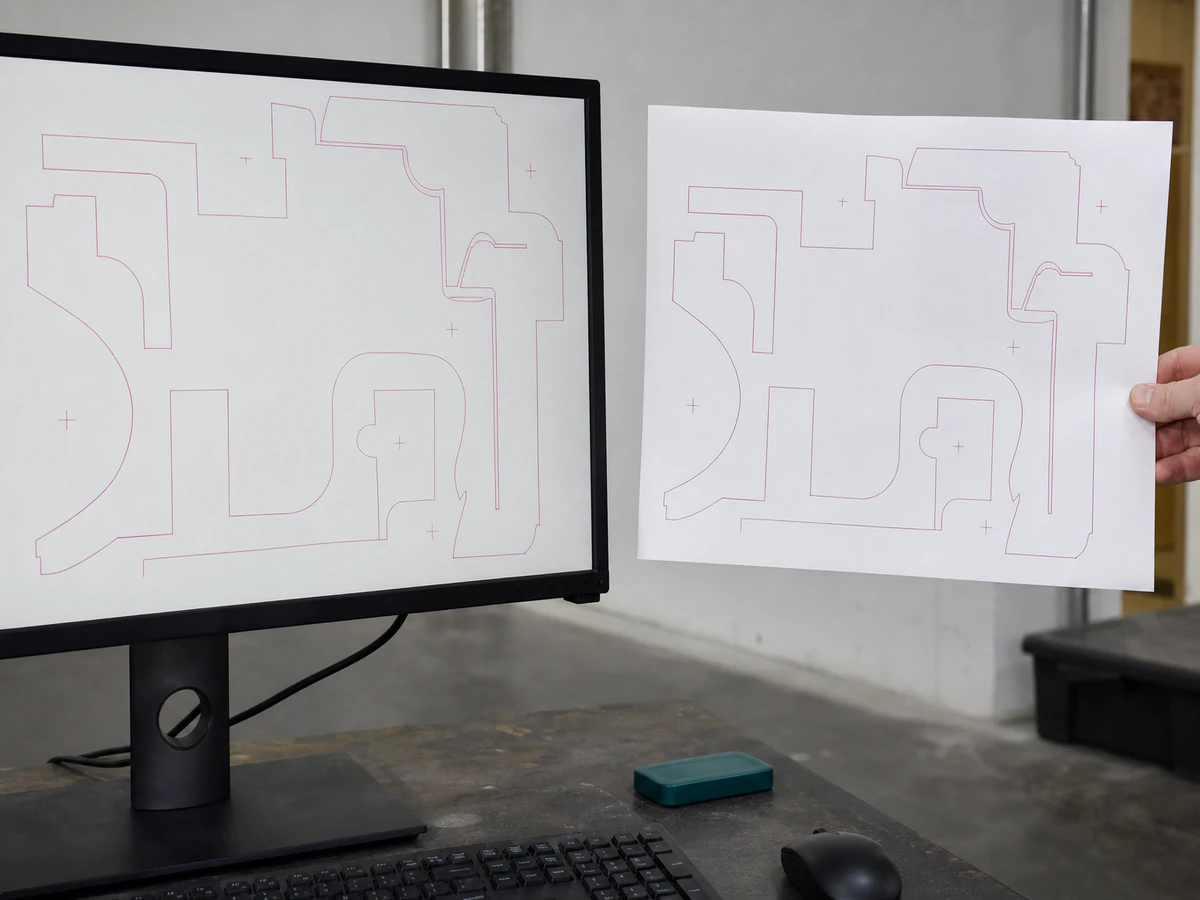 A dieline on screen being checked against a printed proof held up beside it