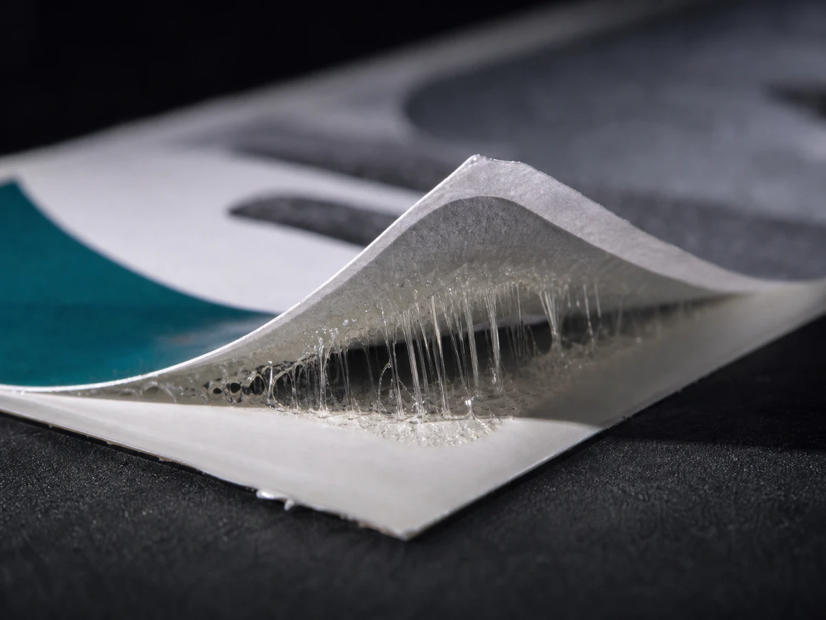 A label peeled back at one corner so the face, adhesive and liner layers separate