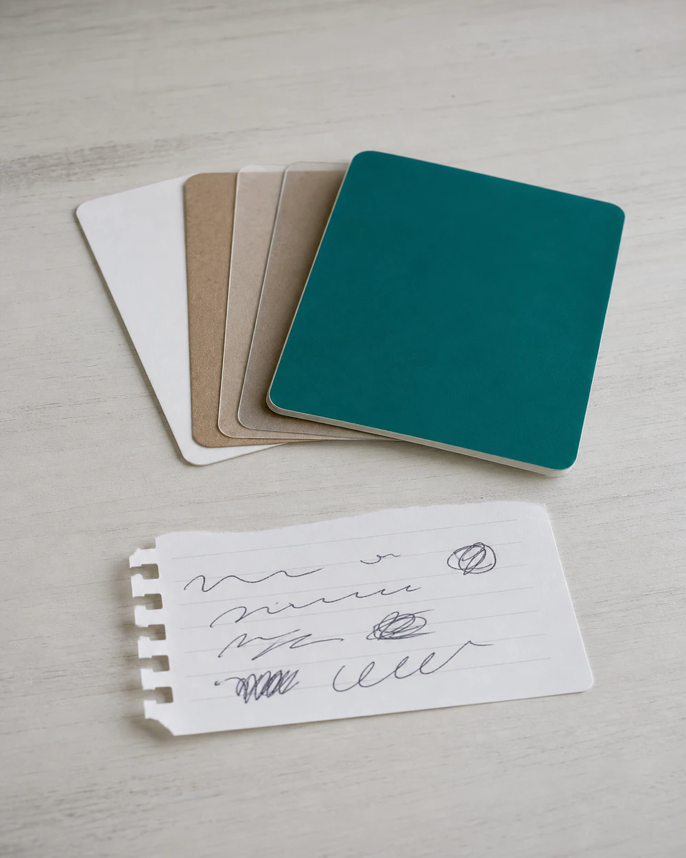 Colour references and a notebook laid out on a bench