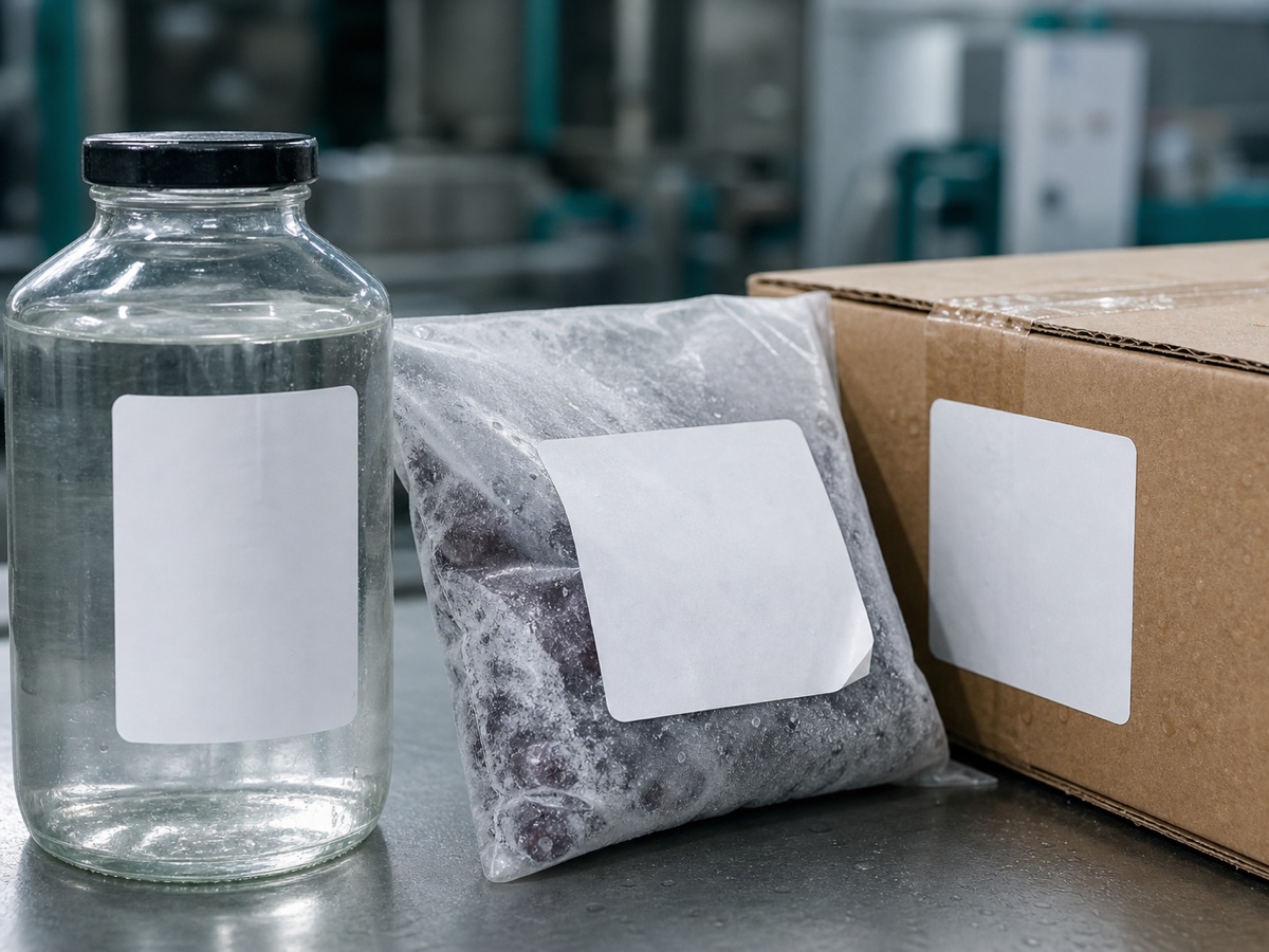 The same label applied to glass, a freezer bag and a corrugated carton for comparison