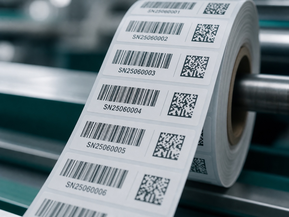 Close-up of a barcode label roll with sequential serial numbers