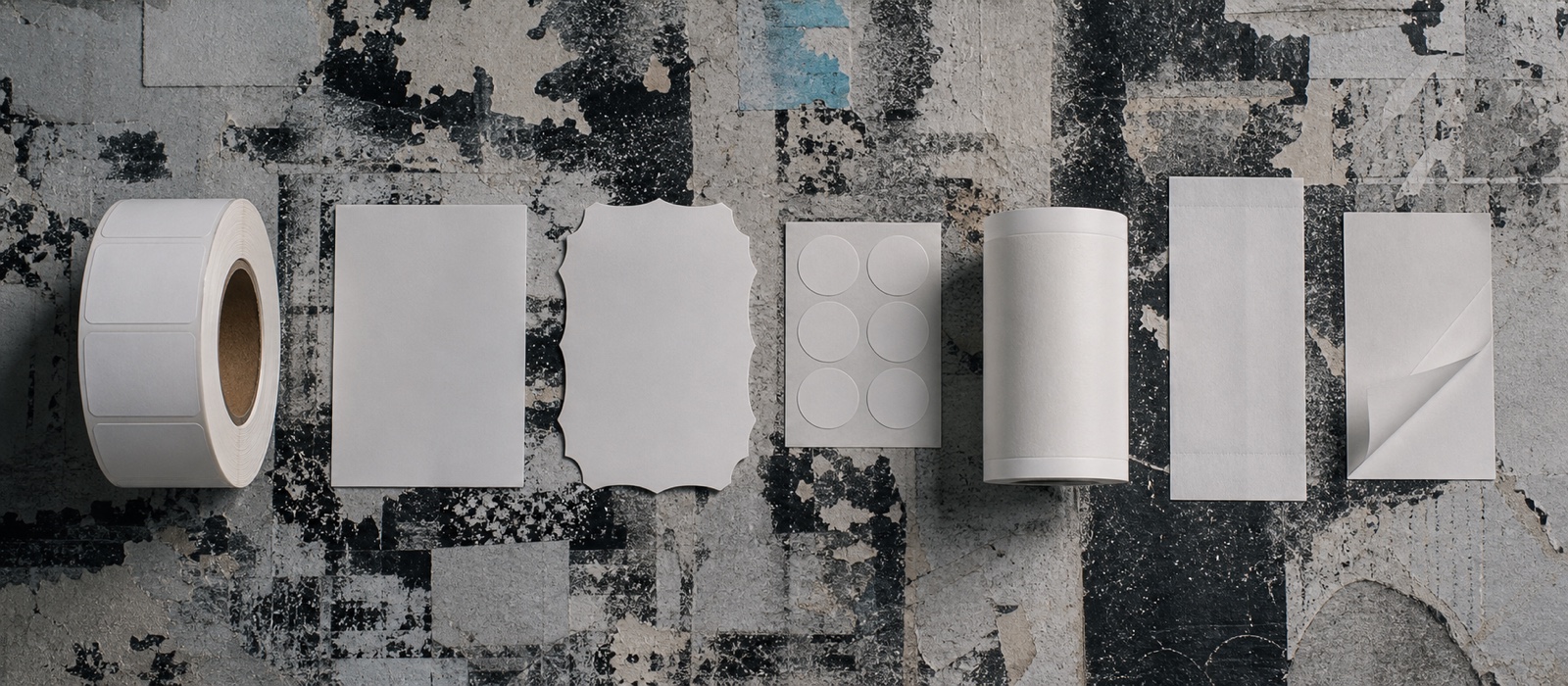Seven label formats laid flat side by side under even light