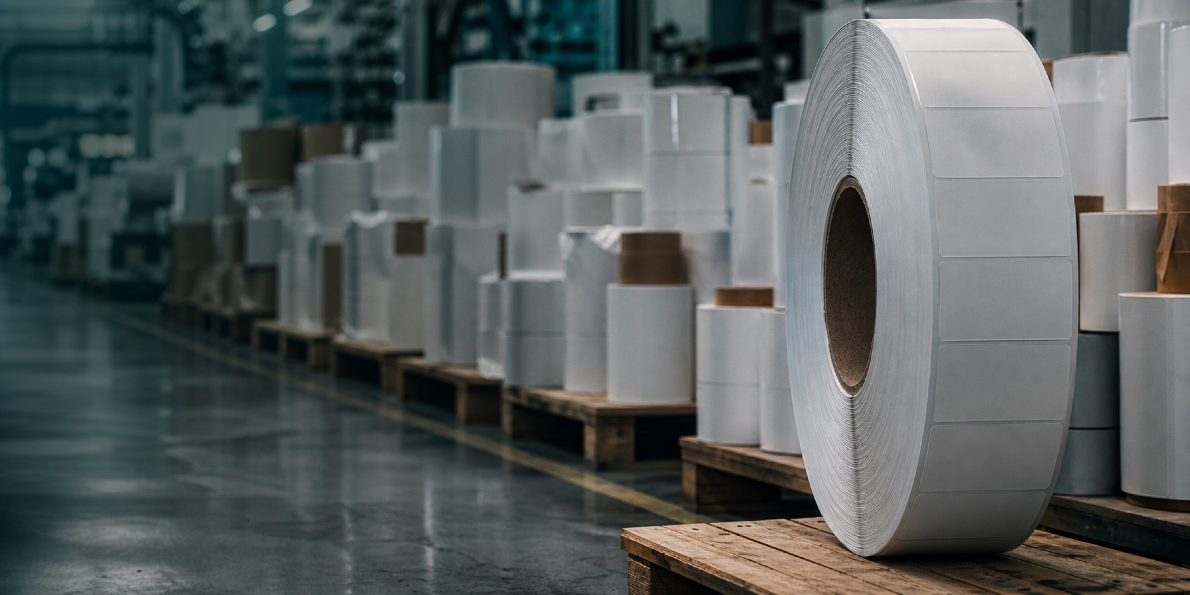 Rows of finished label rolls staged for dispatch in a printing plant