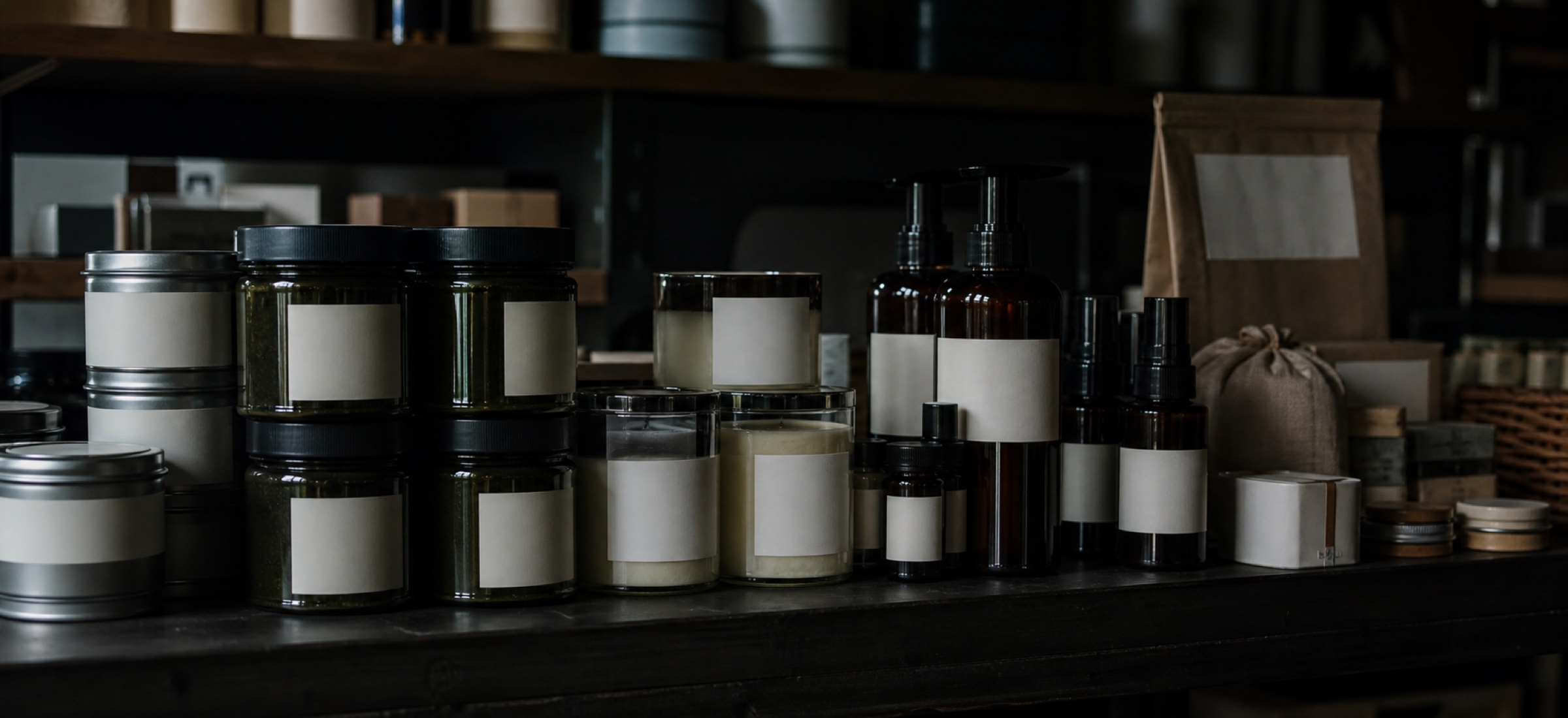 Labelled food jars, cosmetic bottles and candle vessels arranged together