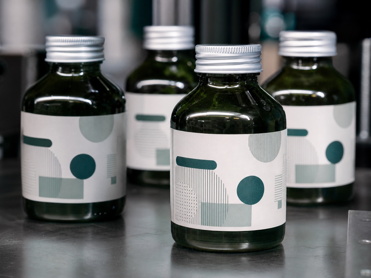 Die-cut custom labels applied to branded bottles and jars