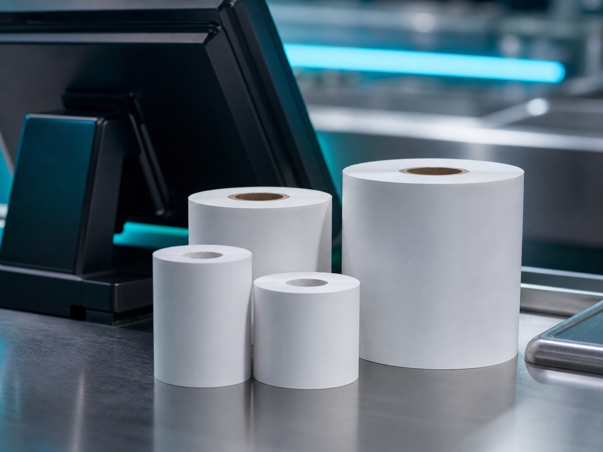 POS receipt paper rolls stacked beside a register