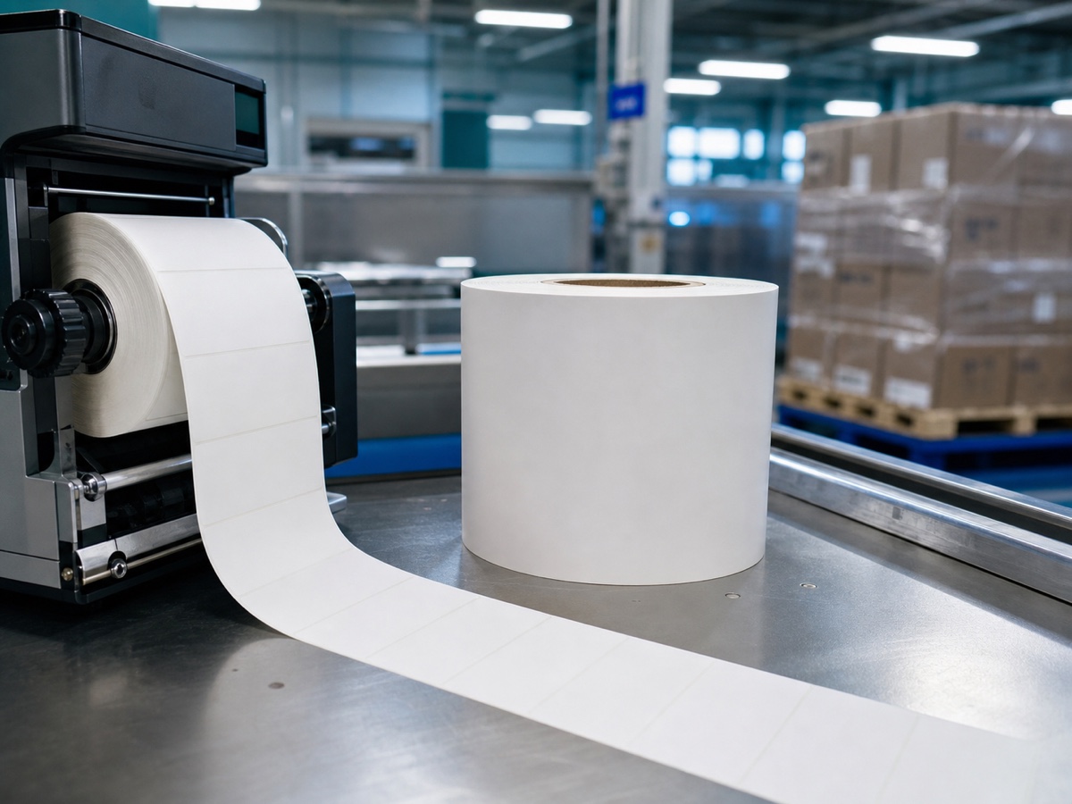 Blank thermal shipping label rolls on a packing bench