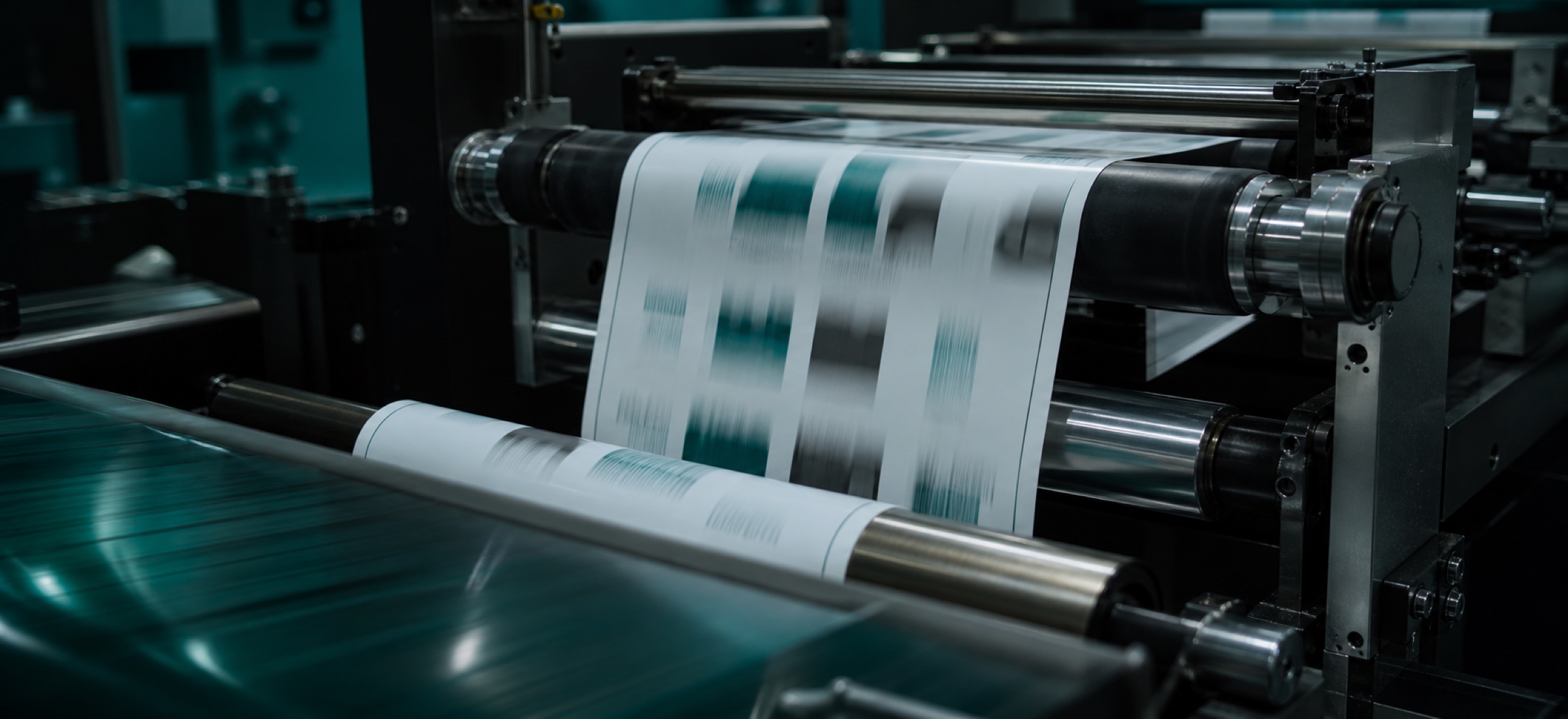 Label web running through a press under warm light