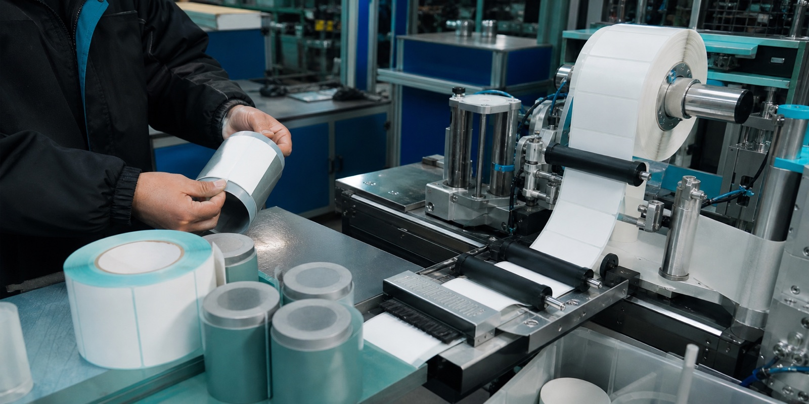 A labelling station with hand application on one side and machine application on the other