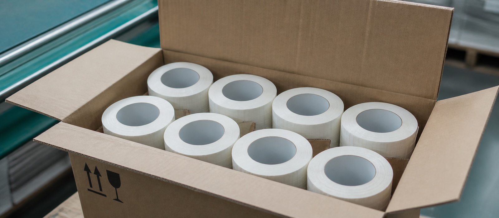 Boxed label rolls packed and staged for dispatch
