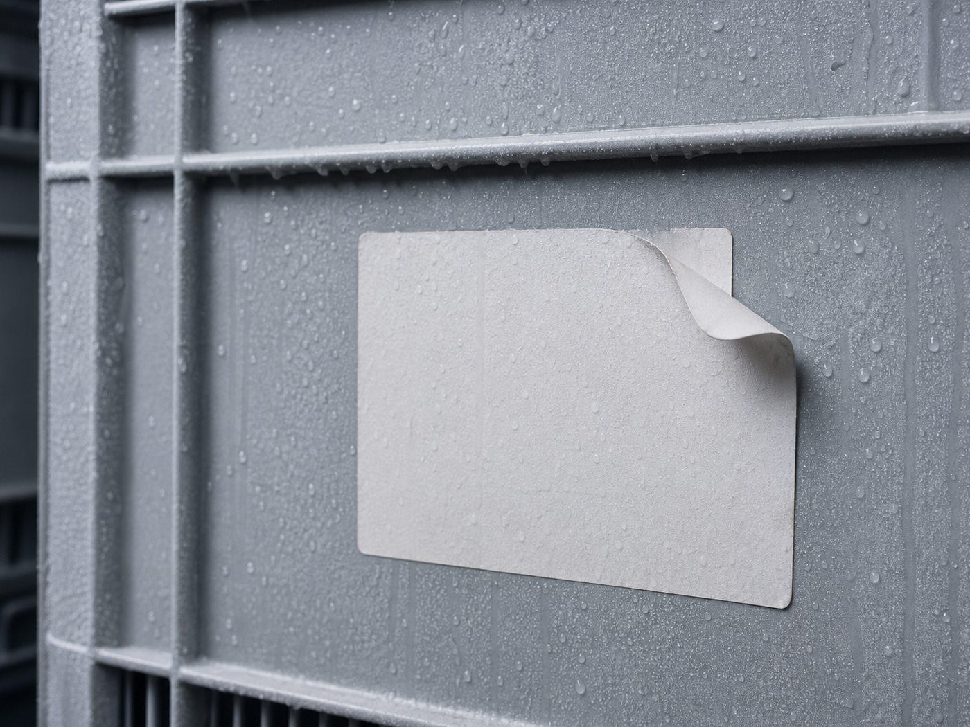 Mid-shot of a label on a condensation-covered chilled container wall with its edge already lifting