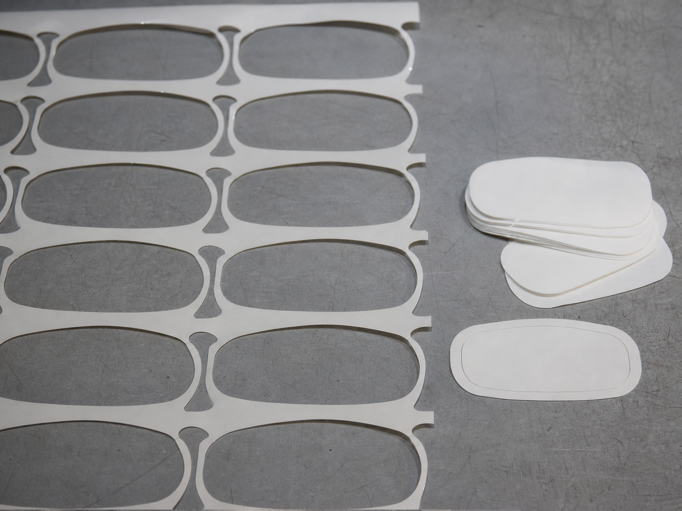 Die-cut waste matrix laid out with the finished pieces, the outline visibly running around the middle of each label