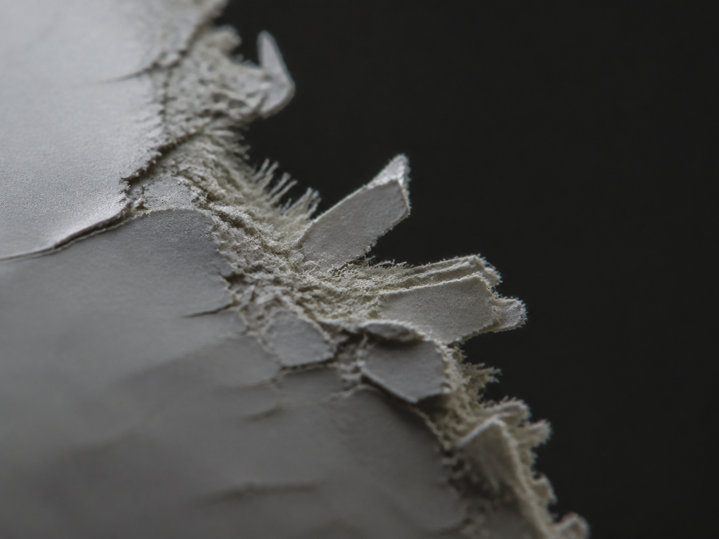 Macro detail of a destructible face at the point it broke up when lifted, fibres and fragments filling the frame