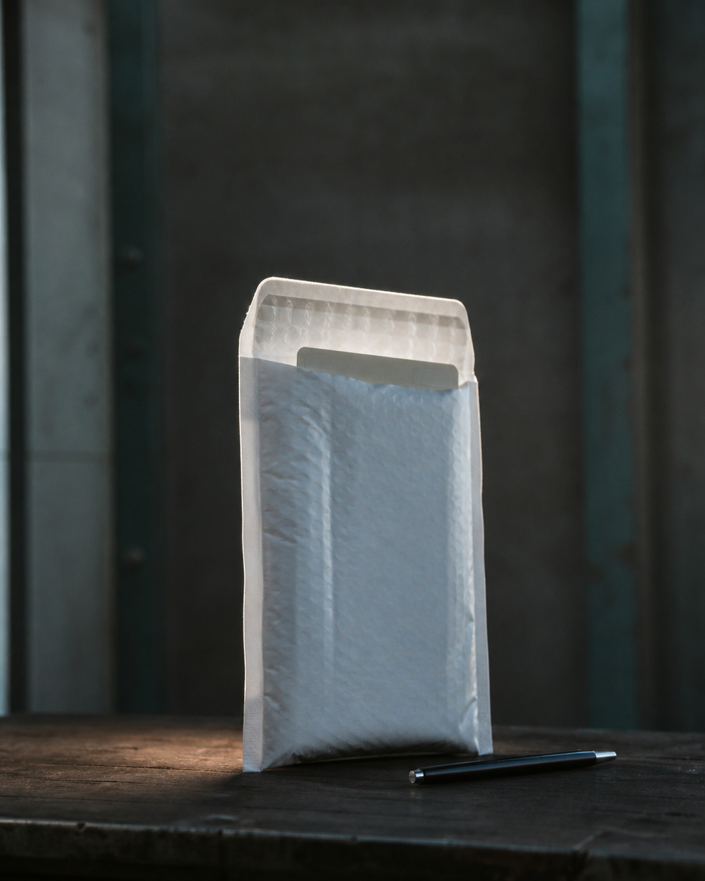 A sample envelope stood on a dark wooden bench with the corner of a label showing at the flap, one pen alongside