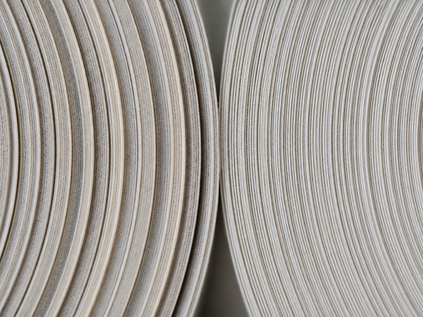Two label rolls of the same outside diameter stood side by side with their wound cross-sections facing the camera, one visibly holding fewer turns