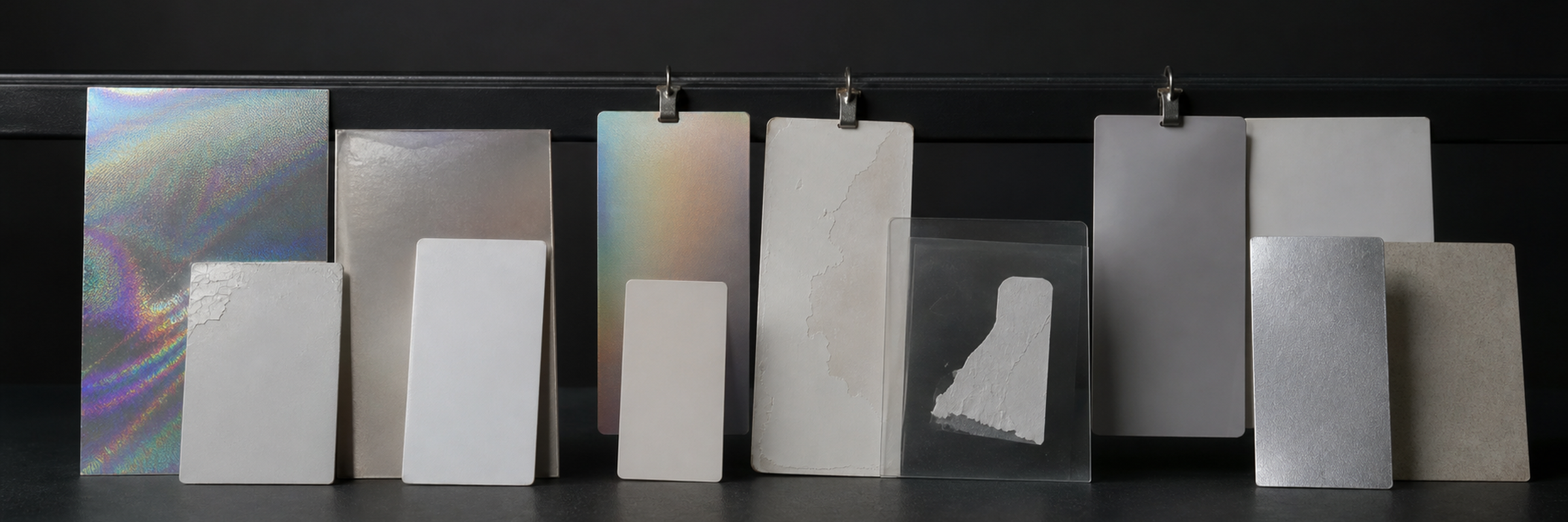 Label samples of several constructions grouped unevenly across a dark bench under raking light