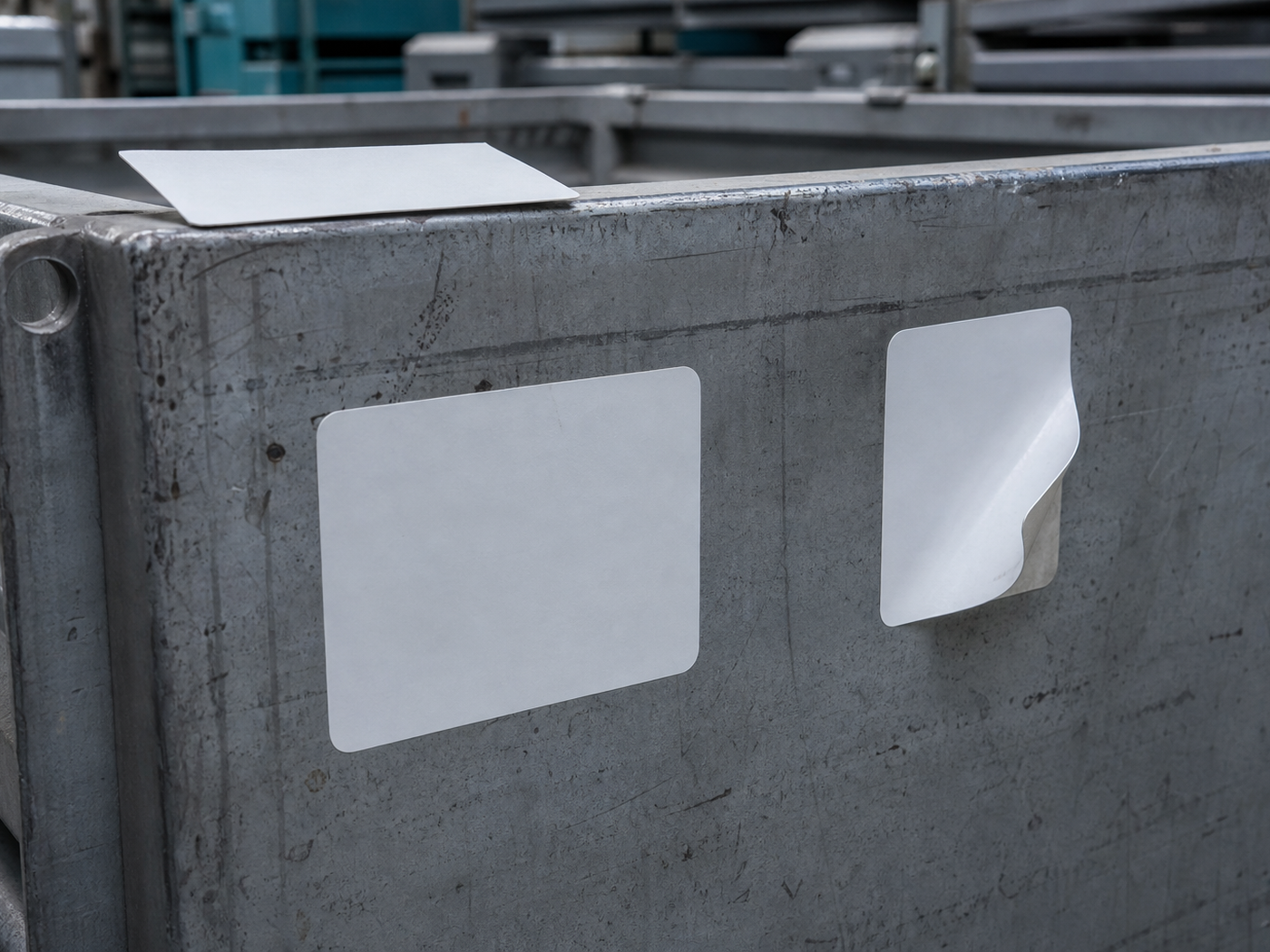 Close view of one metal tote wall carrying an applied label and a part-lifted one, with a third label resting unapplied on the rim