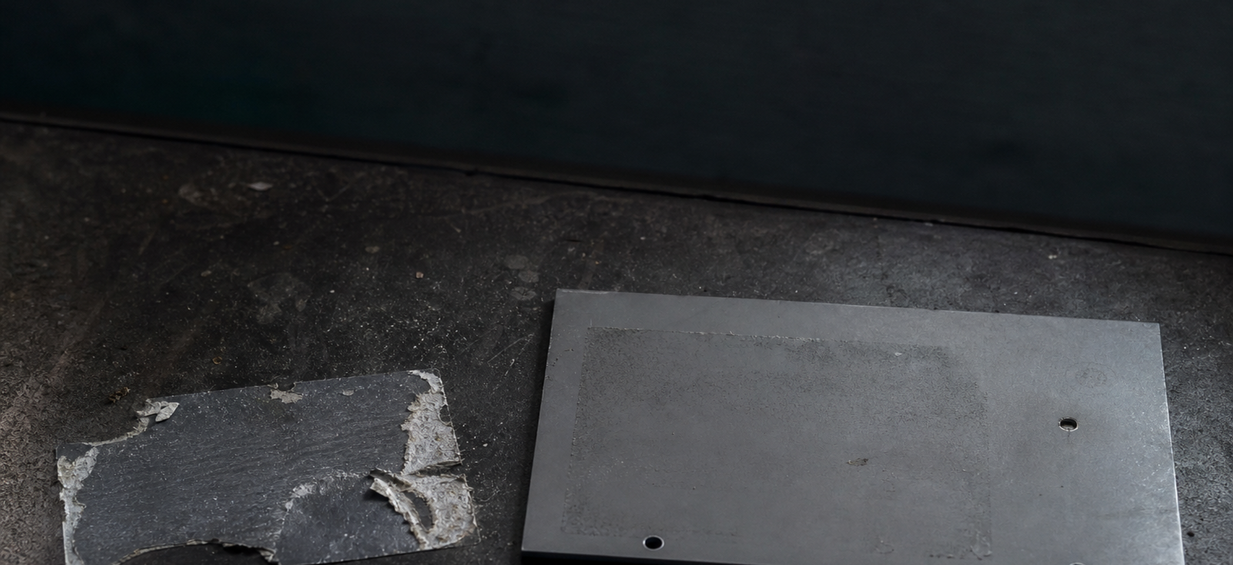 A lifted label body and the mark it left on the container surface, photographed together under one hard side light on a dark bench