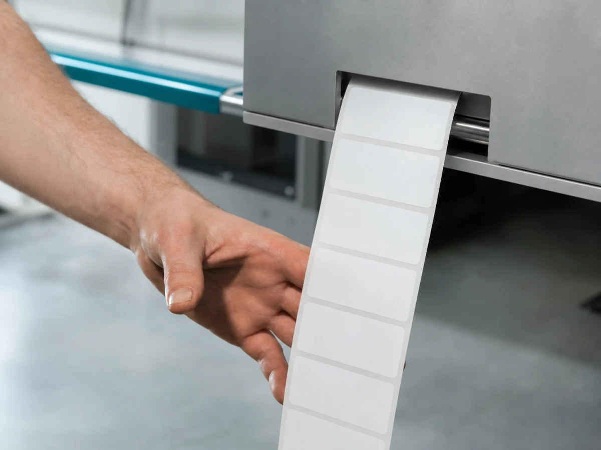 A label being pulled from a continuous web