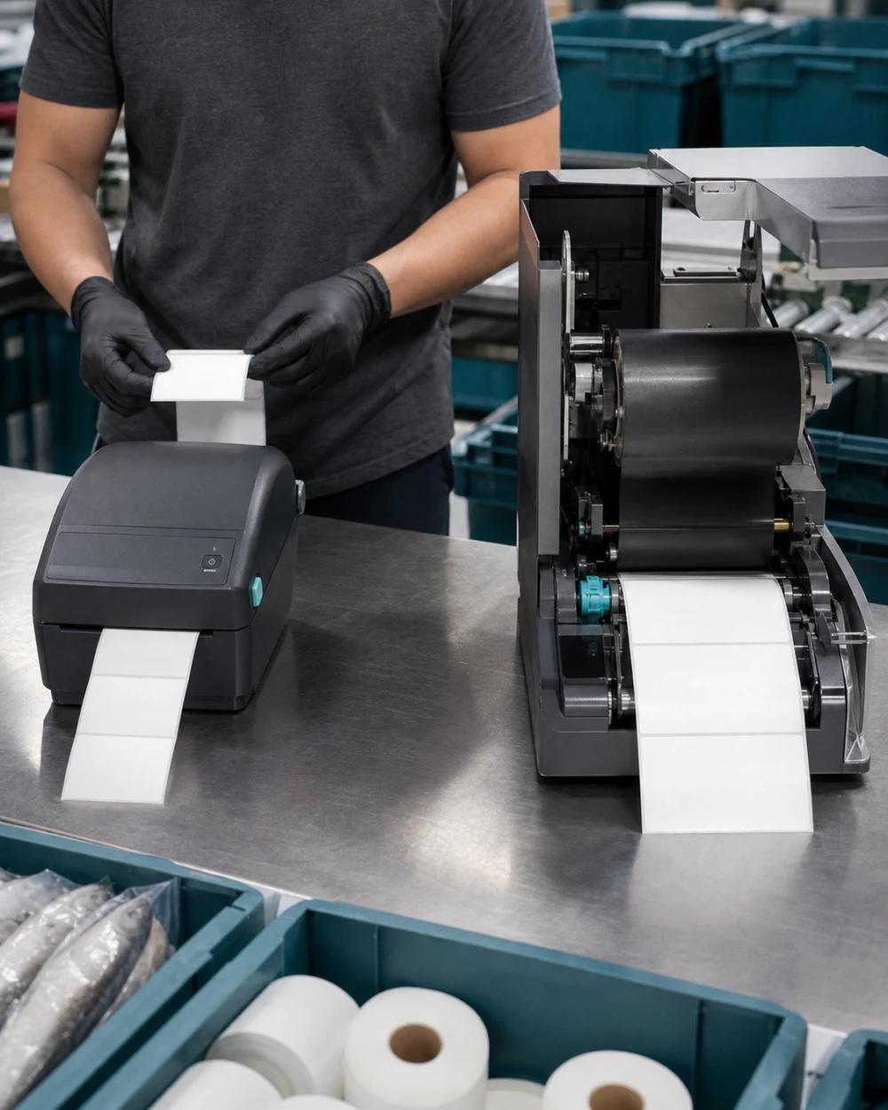 Sorting line where labelled goods are moved along in trays