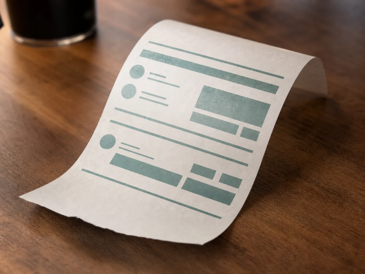 A length of receipt paper turned over, with a single-colour information block printed on the reverse
