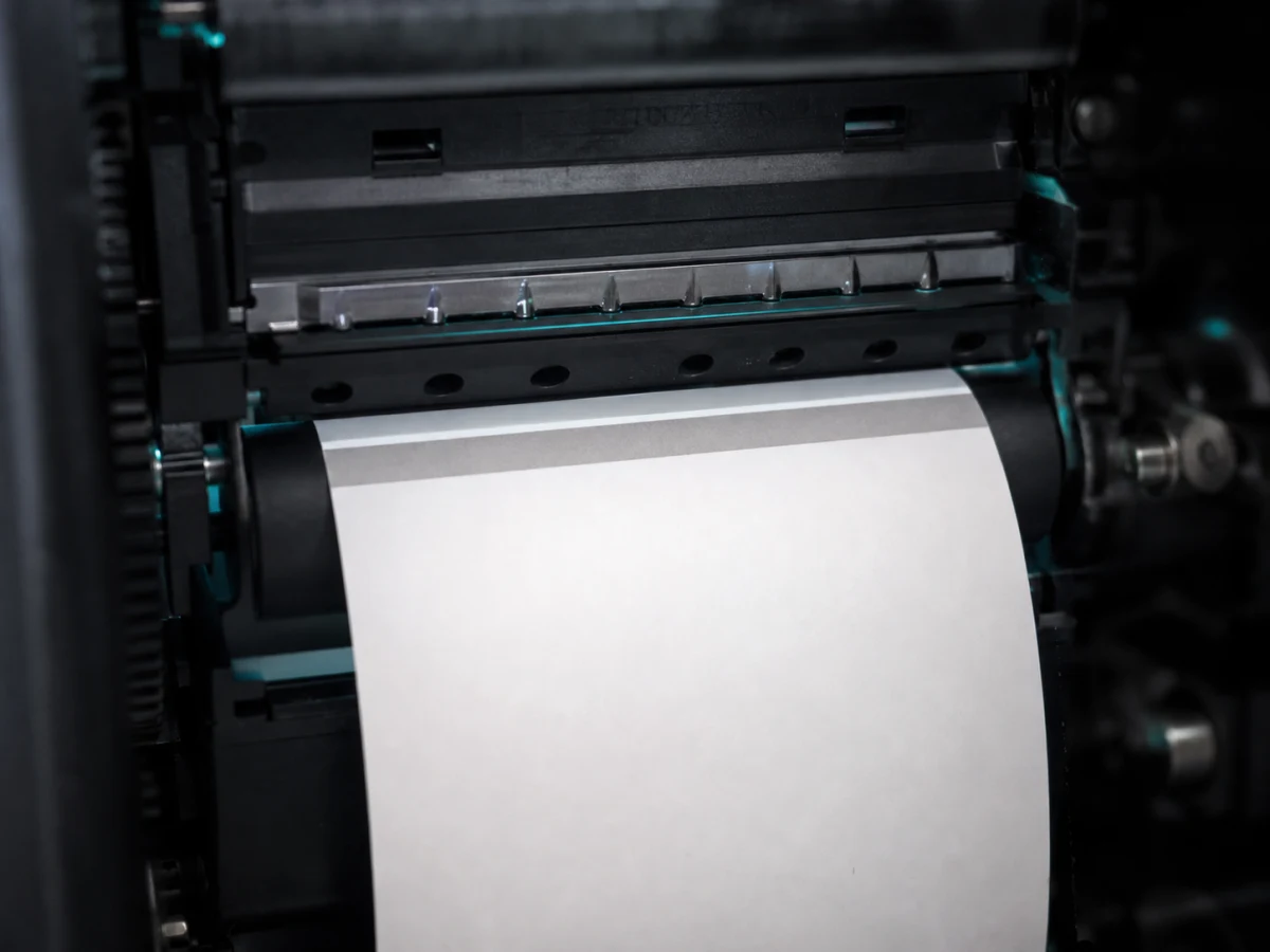 A paper web passing the print head with a freshly developed grey mark on it