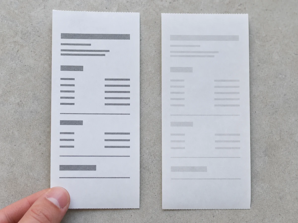 Two receipt samples side by side, one crisp and one noticeably pale