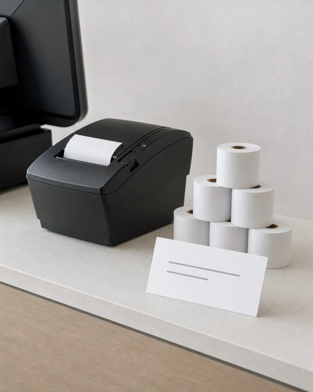 A counter printer beside a small stack of spare rolls and a note giving the sizes