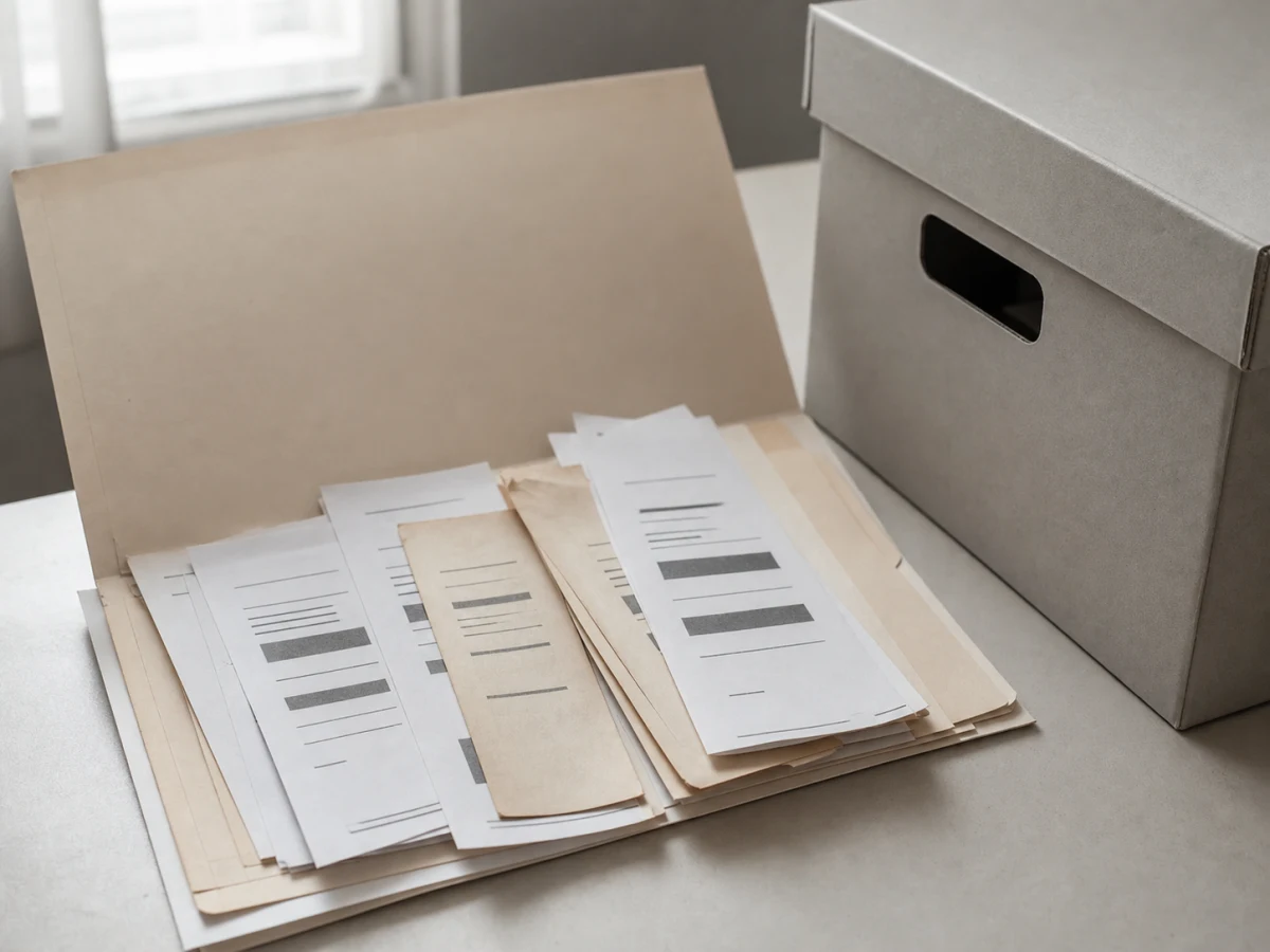 Filed receipts and dockets in a folder, one of them noticeably faded