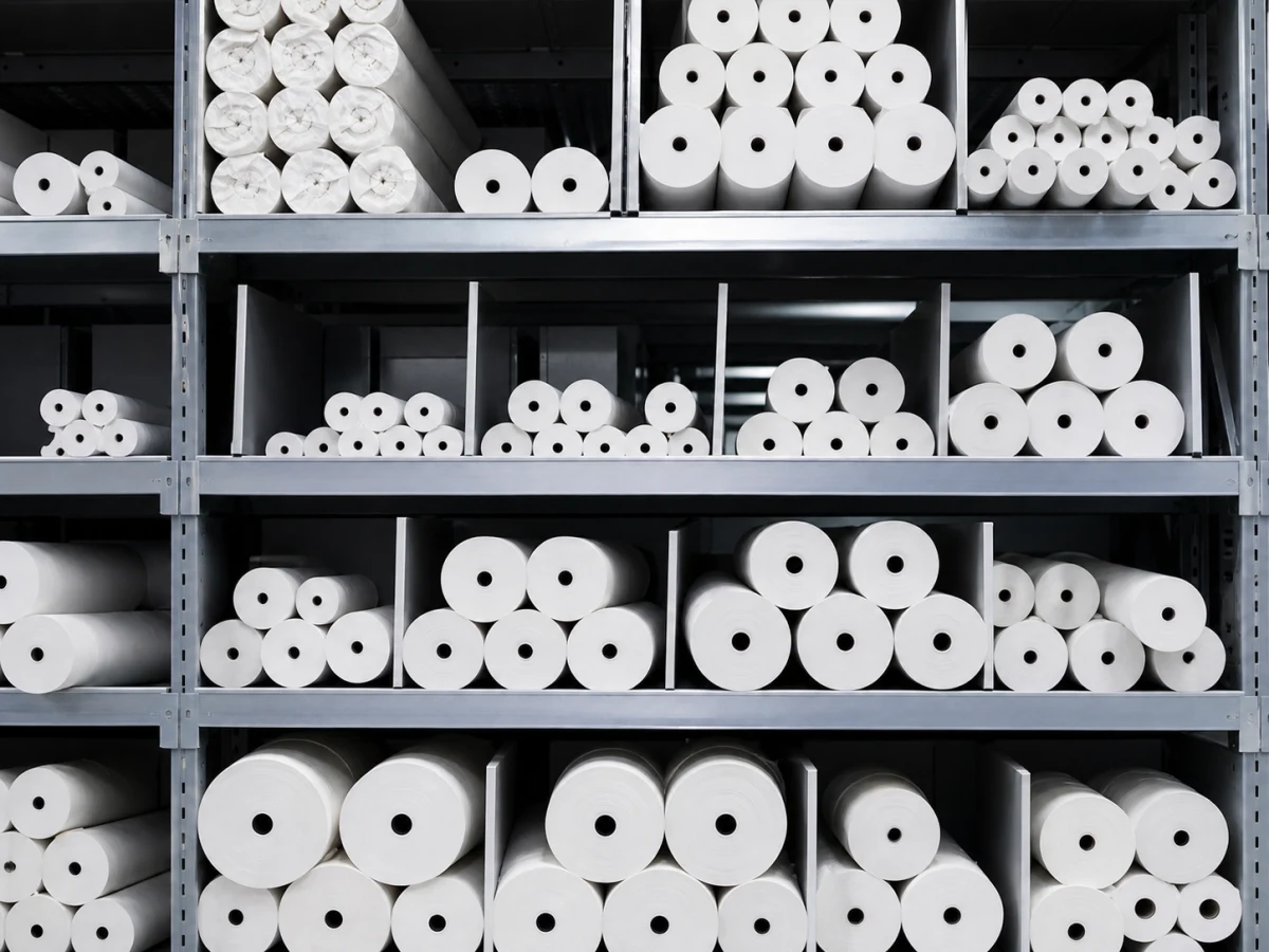 Rolls stored by size on a back-of-house rack