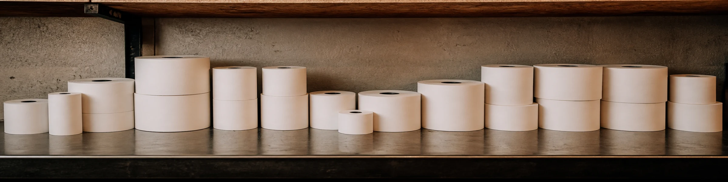 A row of blank paper rolls of differing diameters