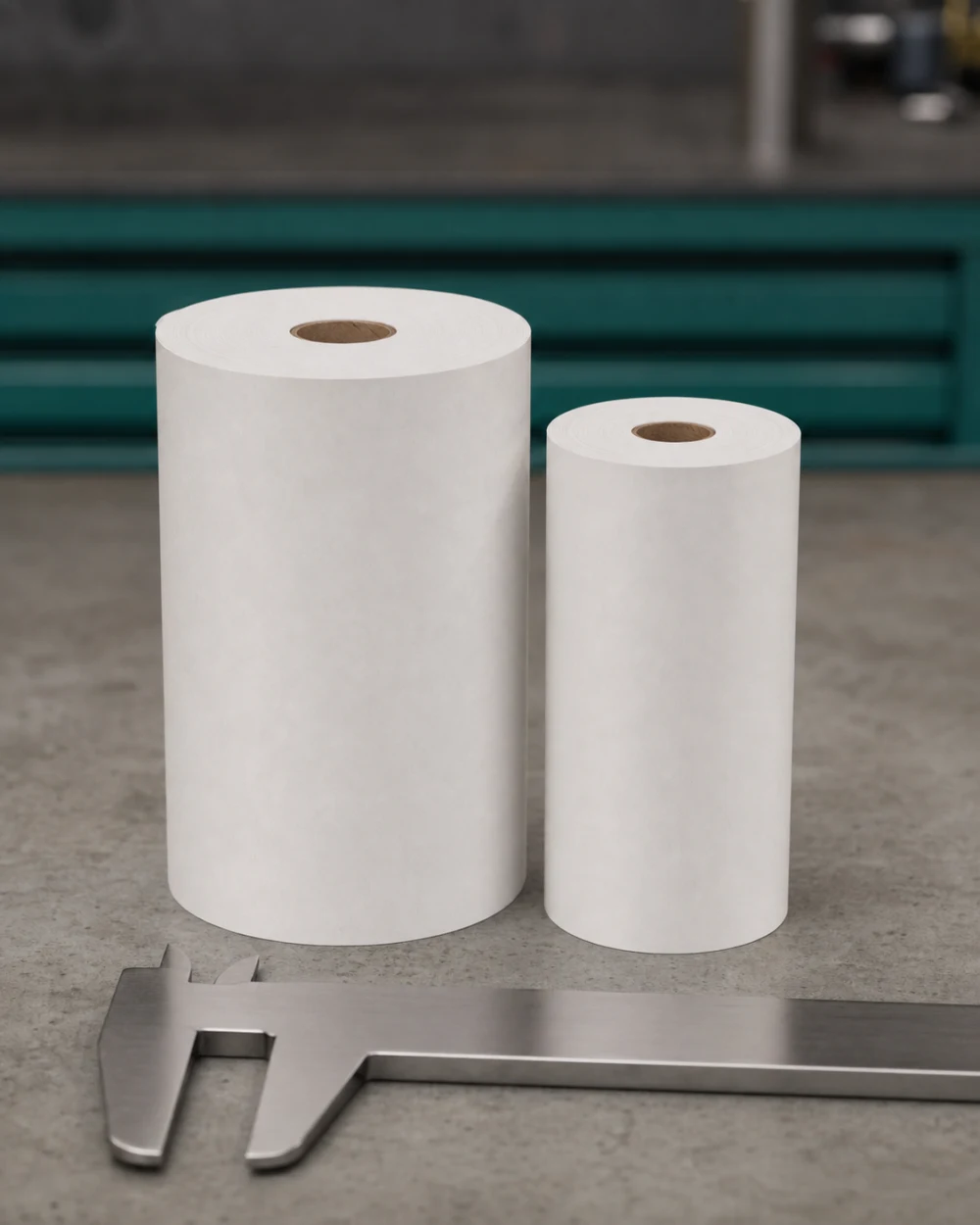 Two blank thermal rolls of different widths standing side by side on a bench